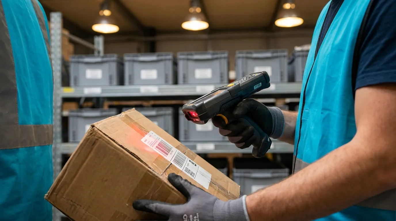 Warehouse worker scanning barcode on package.
