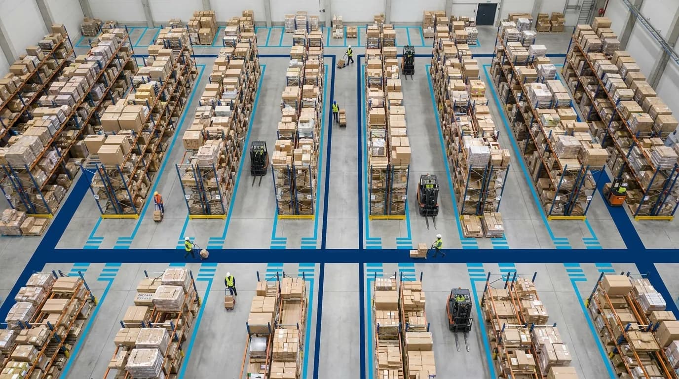 Aerial view of organized warehouse floor.