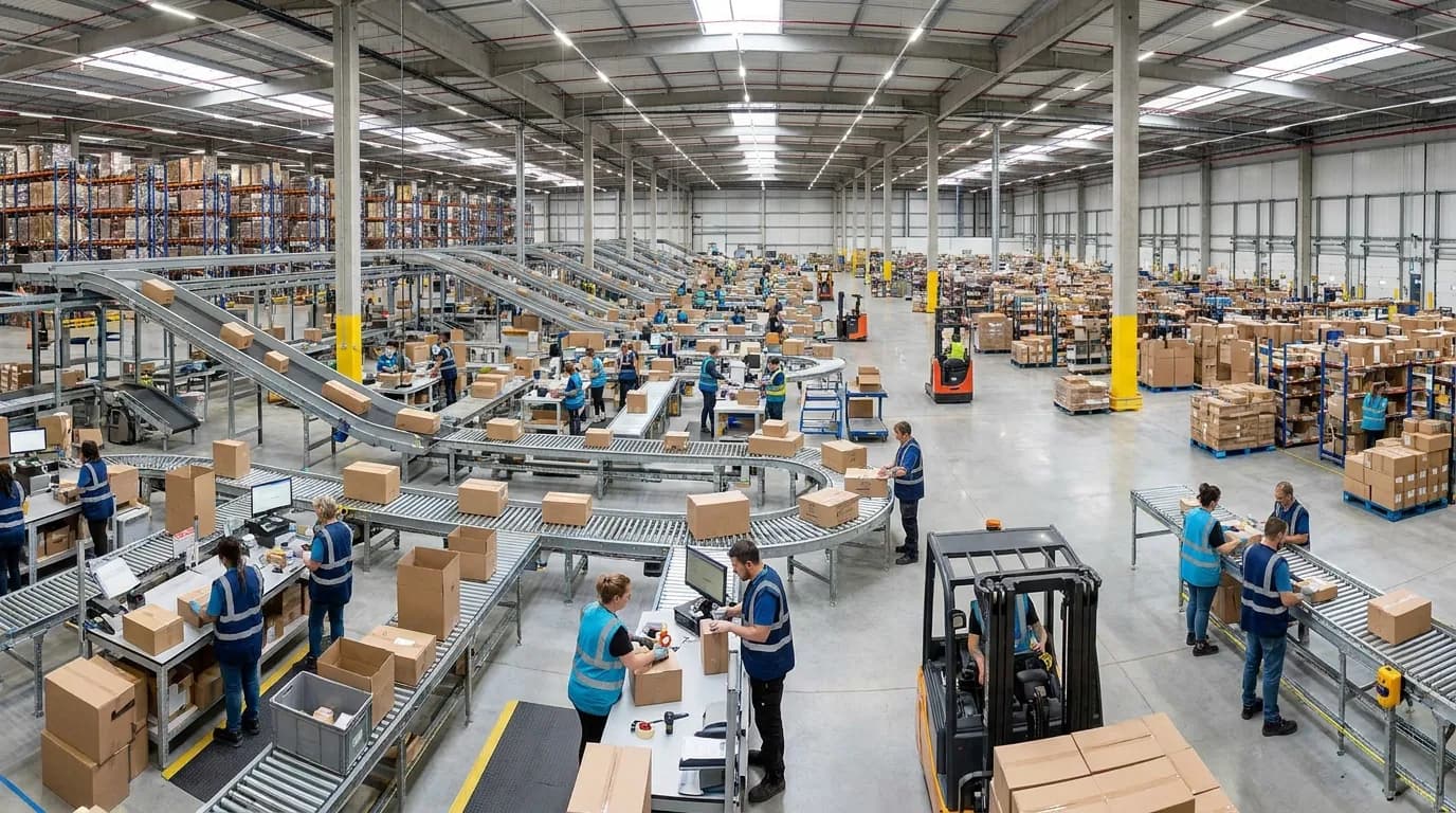 Wide shot of distribution center operations.
