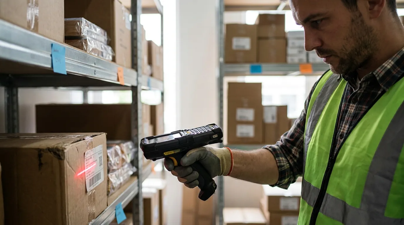 Warehouse worker scanning barcode on package