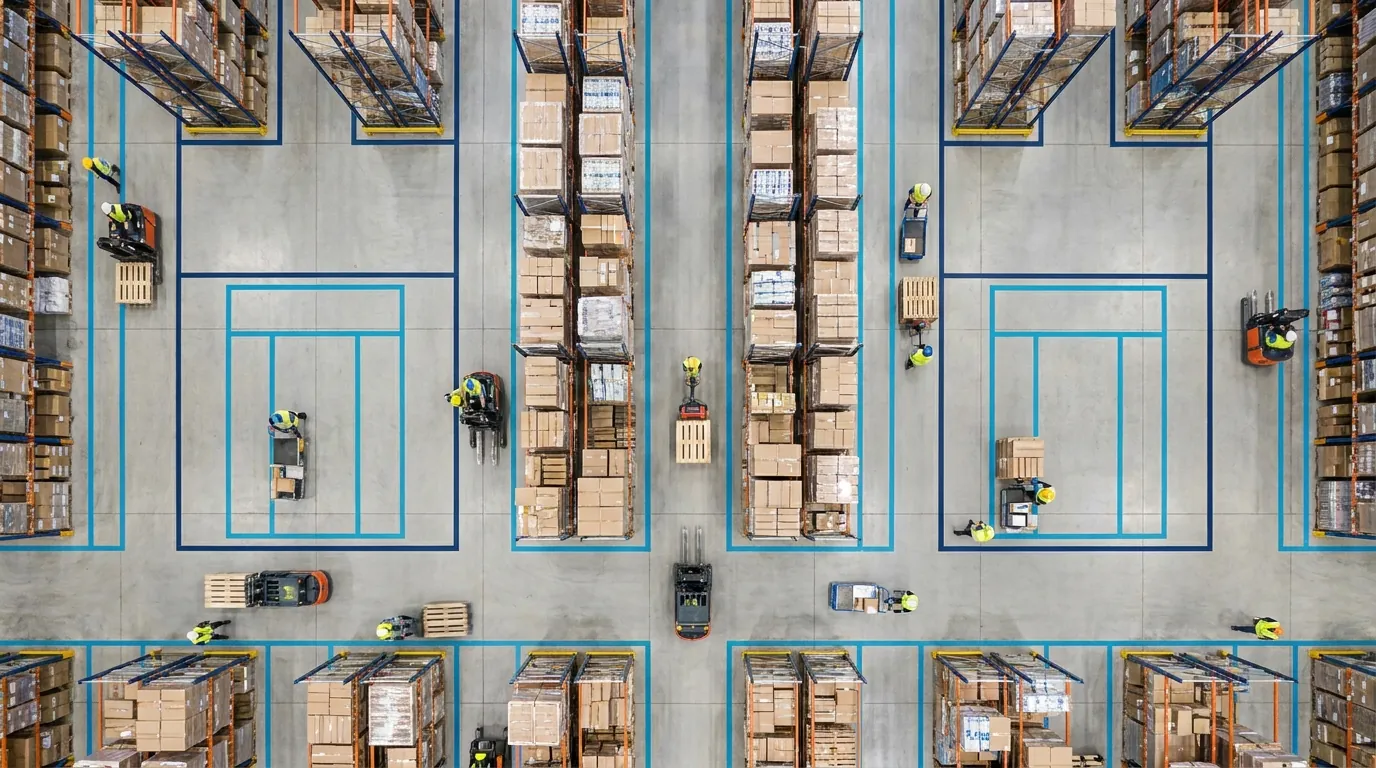Aerial view of organized warehouse floor