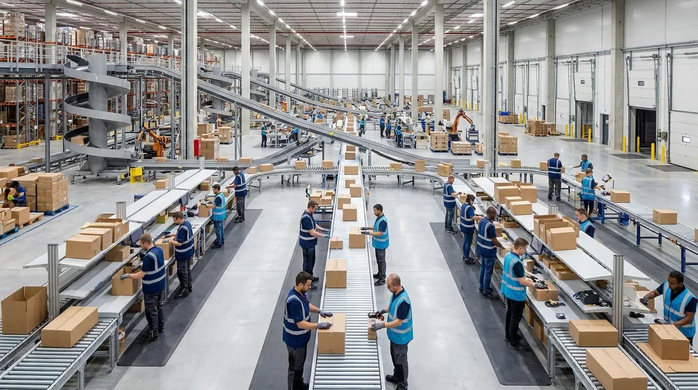 Wide shot of distribution center operations