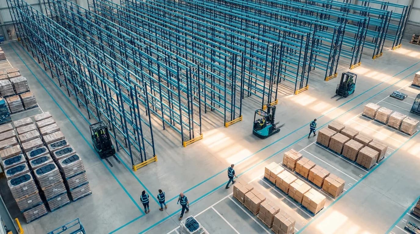 Aerial warehouse aisles illustrating supply chain ai, inventory management ai