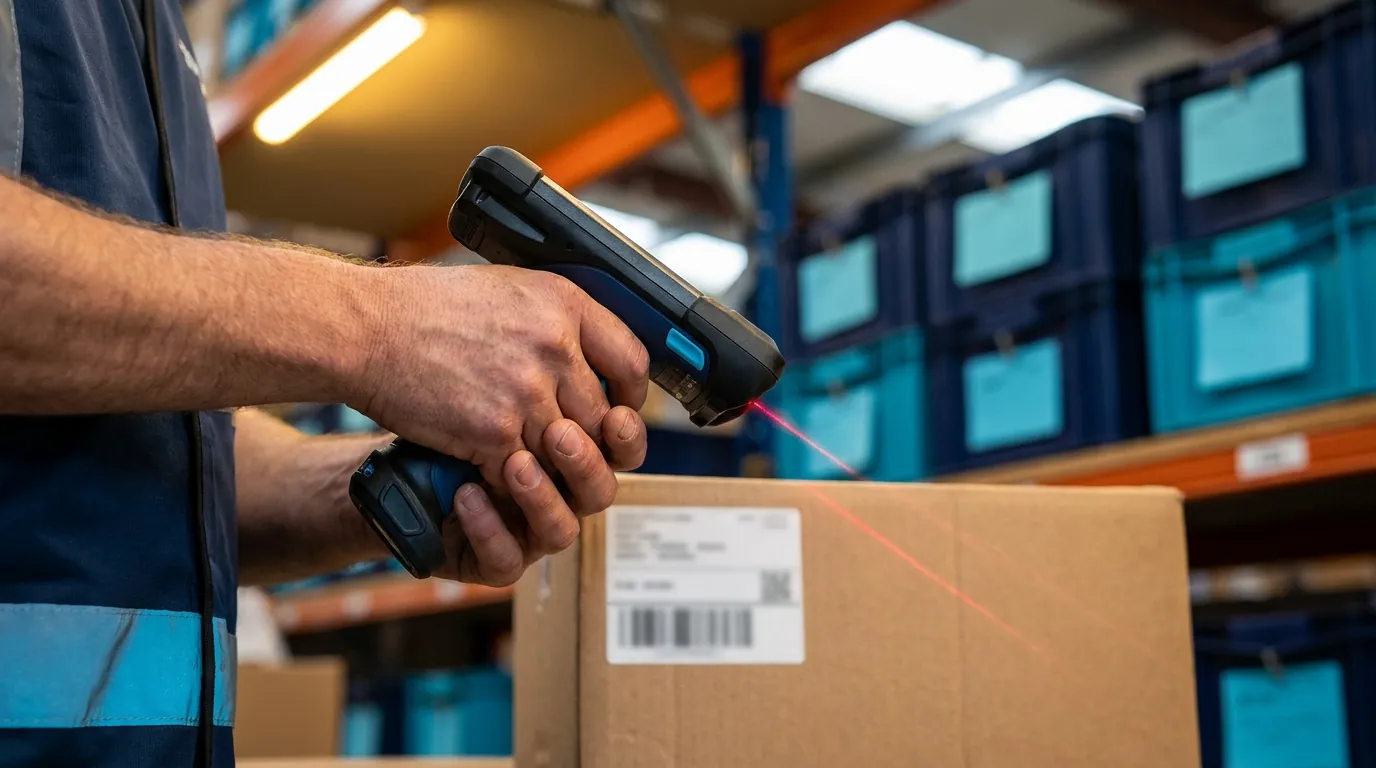 Warehouse worker scanning barcode on carton with handheld scanner