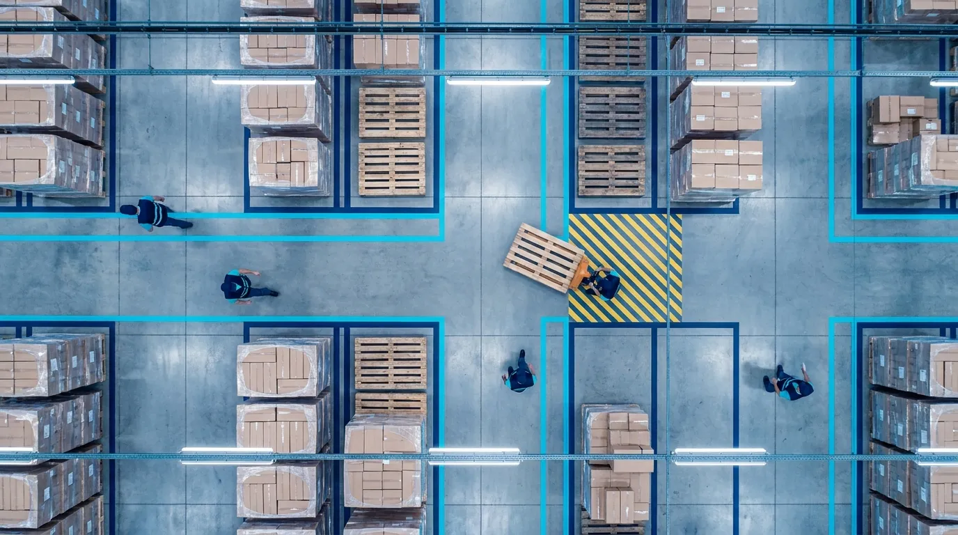 Overhead view of warehouse zones with colored floor markings