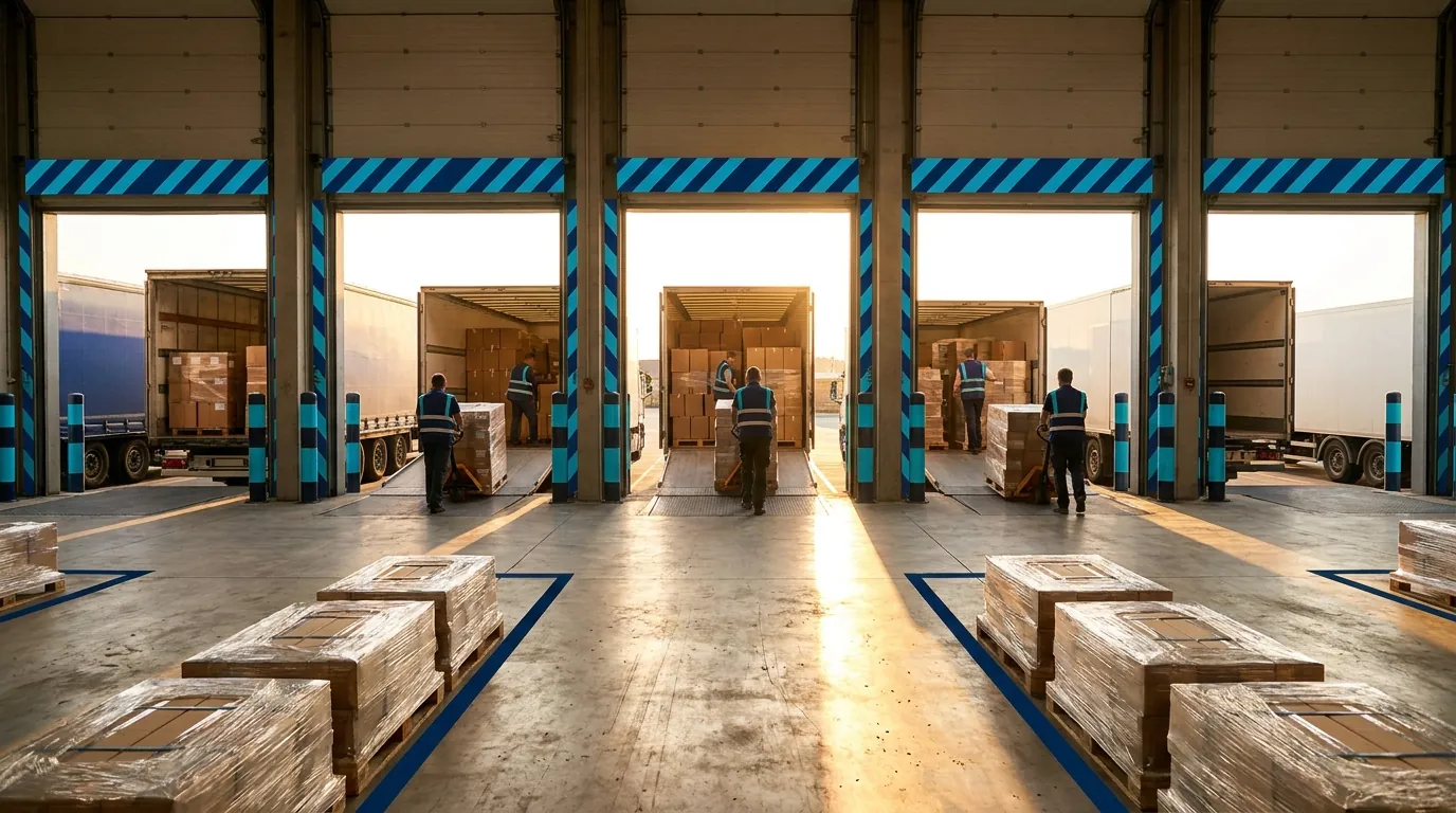 Workers loading pallets onto trucks at warehouse loading dock