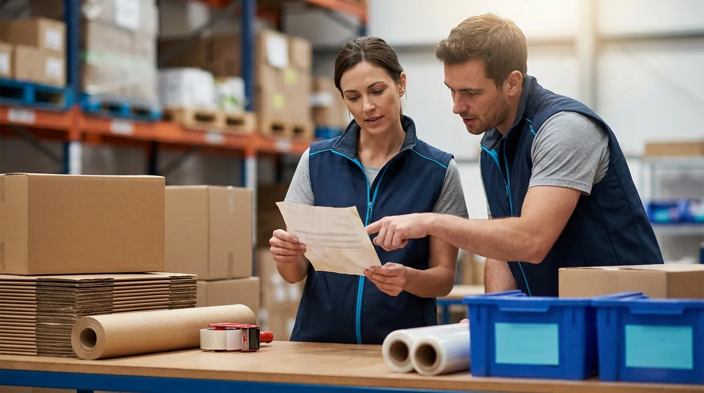 Two warehouse workers reviewing a printed pick list