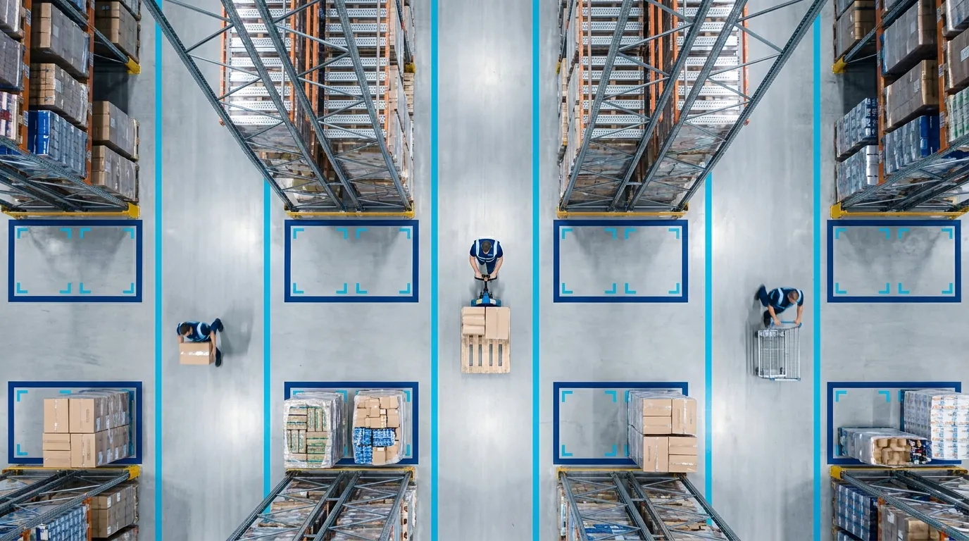 Aerial view of organized warehouse aisles and staging zones