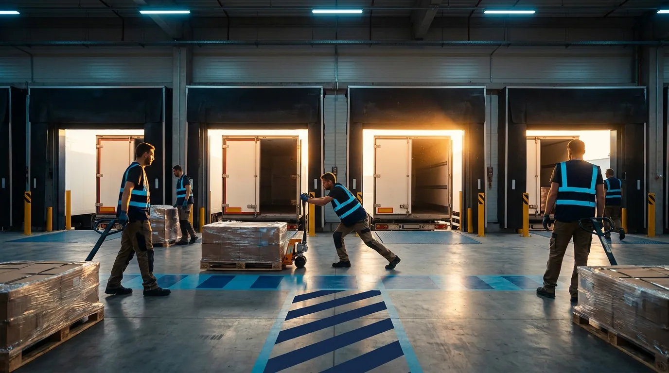 Workers loading pallets onto trucks at warehouse loading dock