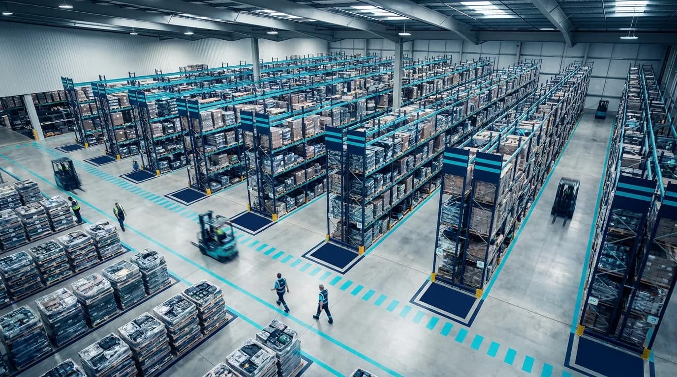 Aerial view of a warehouse floor where imported stock is staged for export