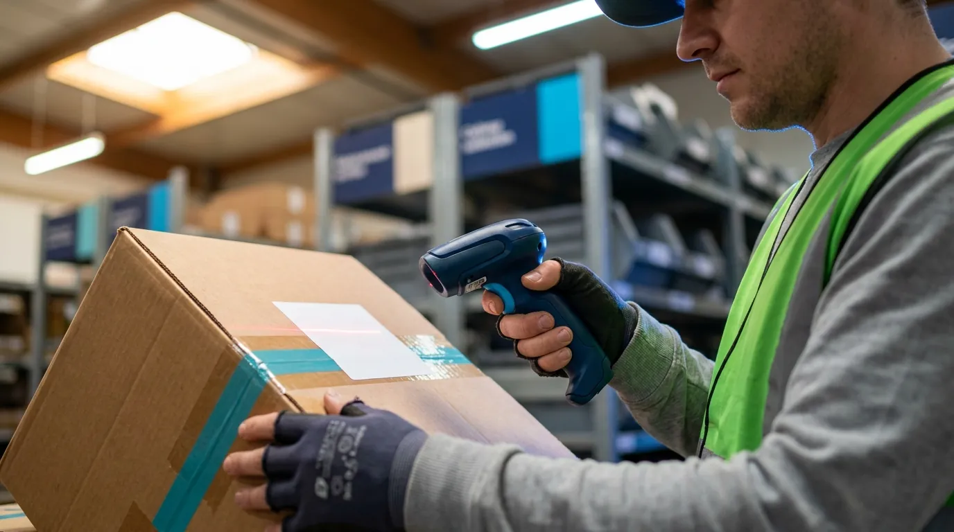 Warehouse worker scanning barcode on cardboard box