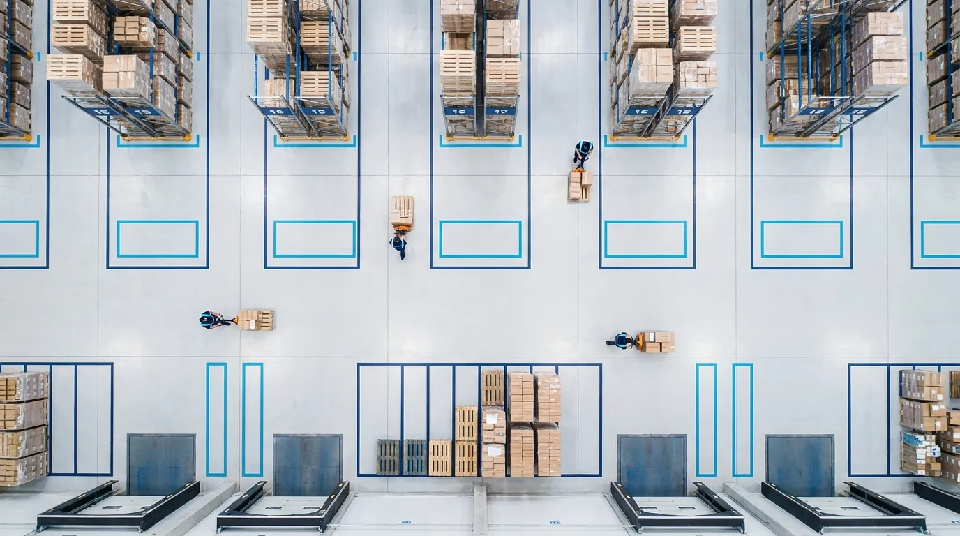 Overhead view of organized warehouse aisles and staging areas