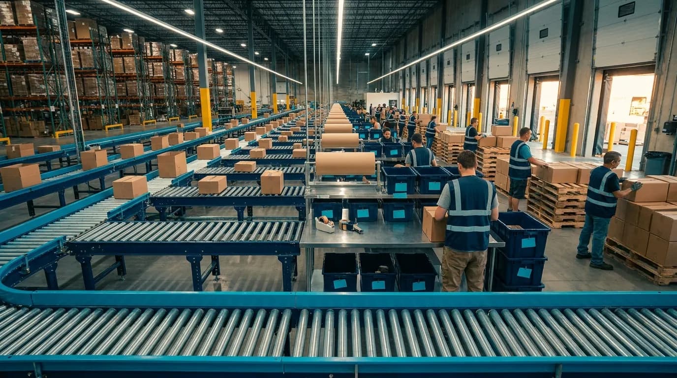 Wide shot of distribution center conveyors and packing stations