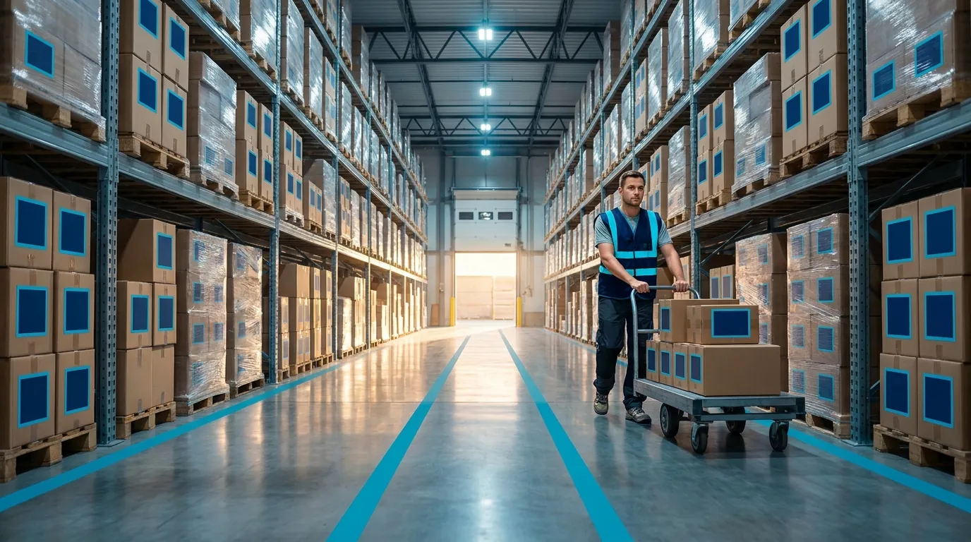 Warehouse aisle illustrating ex works price meaning, exw vs fob
