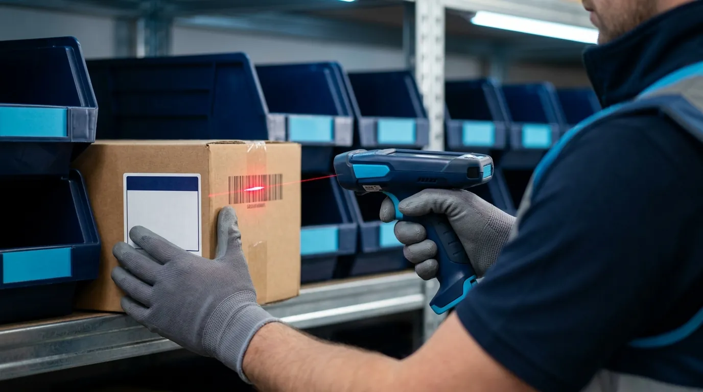 Warehouse worker scanning barcode on carton with RF scanner