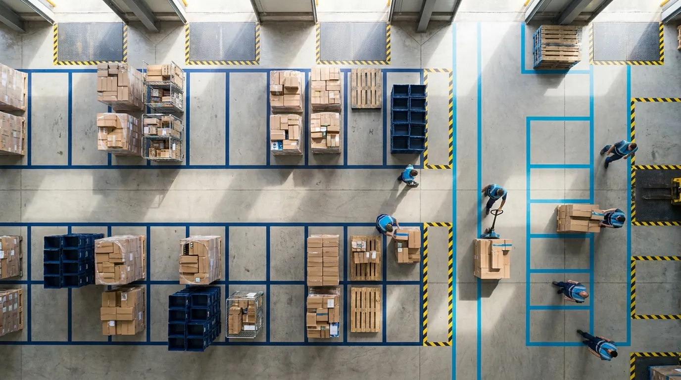 Aerial view of organized warehouse floor zones