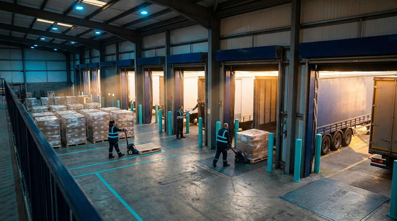 Workers loading pallets onto trucks at warehouse loading dock