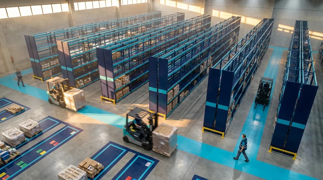 Aerial warehouse floor illustrating fob meaning, fob meaning in shipping
