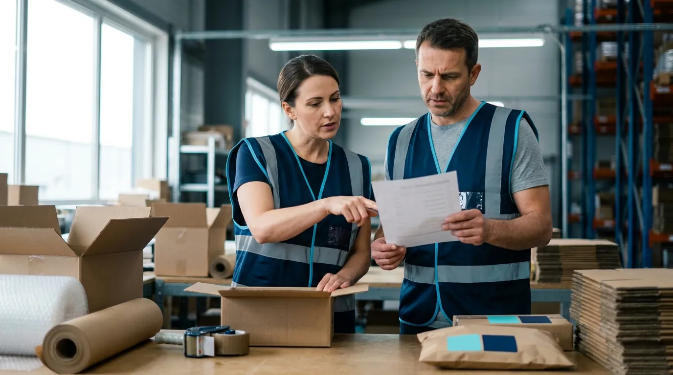 Two warehouse workers reviewing a pick list at packing station