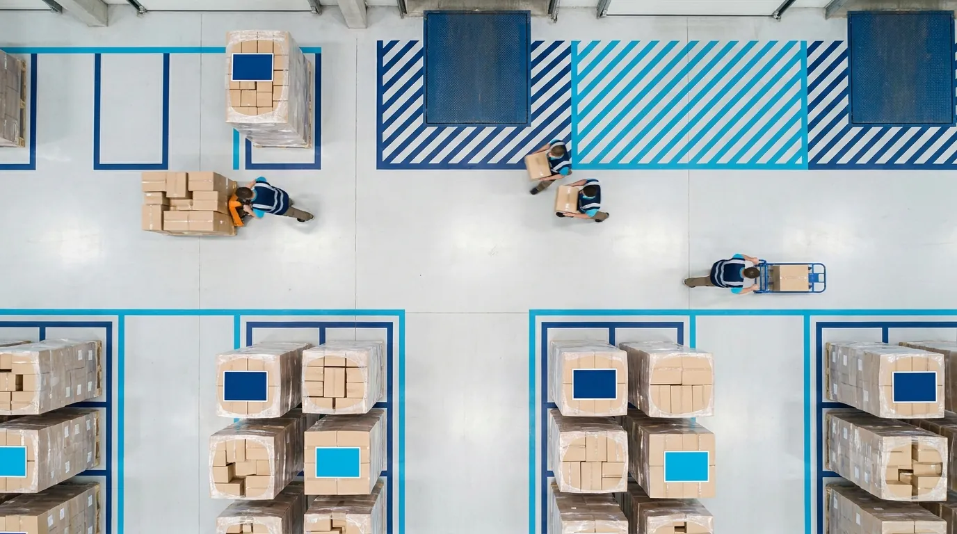 Overhead view of organized warehouse layout with staging areas