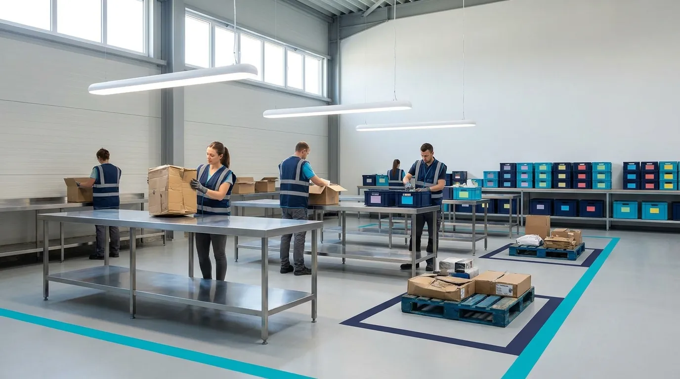 Workers inspecting and sorting products in warehouse returns area