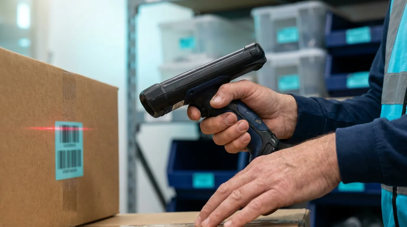Worker scanning barcode on imported carton with RF scanner