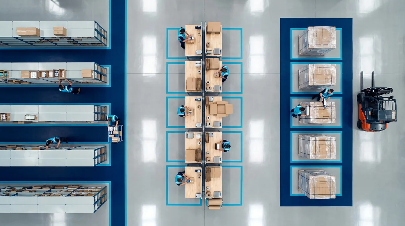 Aerial view of pick, pack and ship warehouse zones
