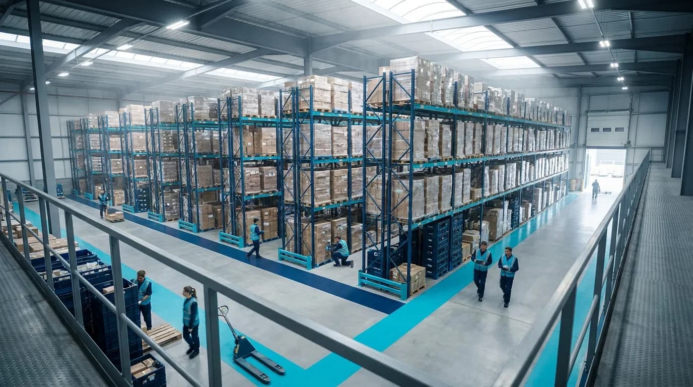Elevated wide shot of busy distribution centre operations
